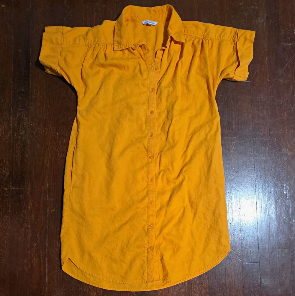 Ophelia Roe Golden Mustard Linen Rayon Mini Shirt Dress Pockets Short Sleeve -M